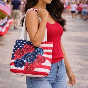 American Flag Roses USA Quilted Purse Shoulder Bag Red White Blue Patriotic Tote